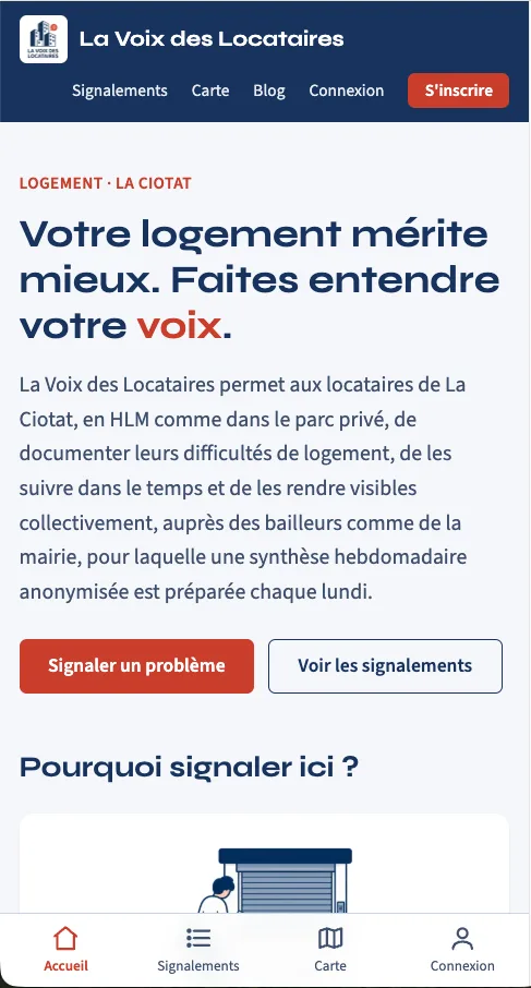 Le site La Voix des Locataires sur téléphone.